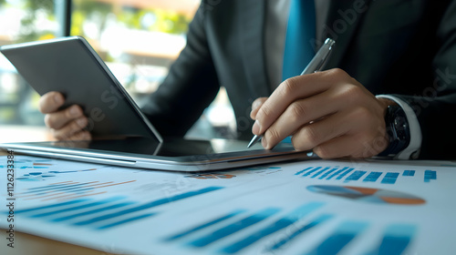 A business professional analyzes data on a tablet while taking notes, surrounded by reports featuring graphs and charts, emphasizing productivity and decision-making. photo