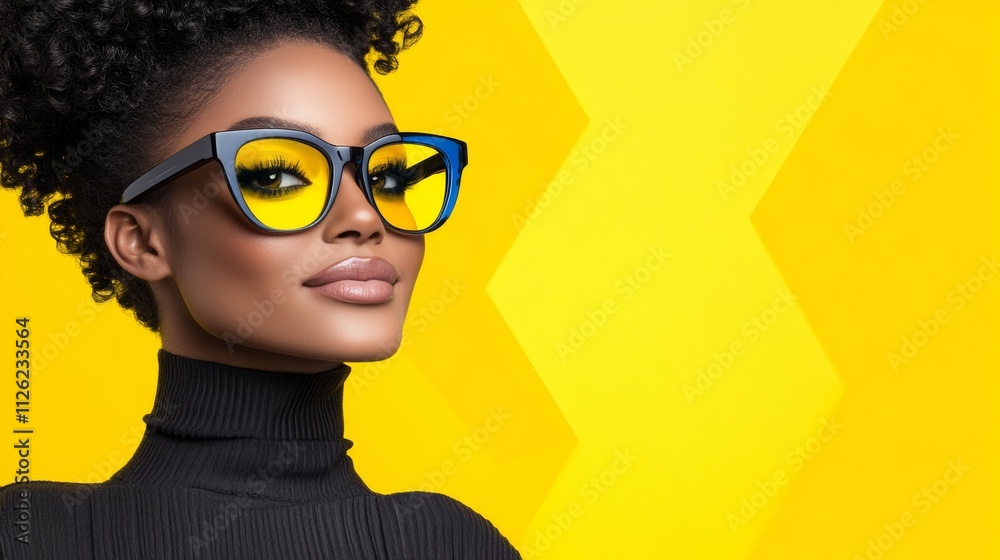 A woman with long hair and a black shirt is wearing yellow and blue sunglasses. The yellow and blue stripes on the background create a bold and eye-catching contrast to the woman's outfit A woman with long hair and a black shirt is wearing yellow and blue sunglasses. The yellow and blue stripes on the background create a bold and eye-catching contrast to the woman's outfit