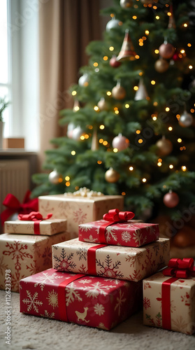 Elegantly wrapped Christmas gifts under a decorated Christmas tree in a cozy room.