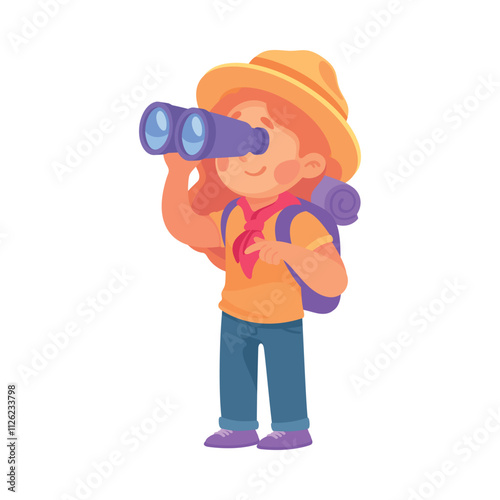 Girl Scout Character in Hat with Backpack and Binoculars Vector Illustration