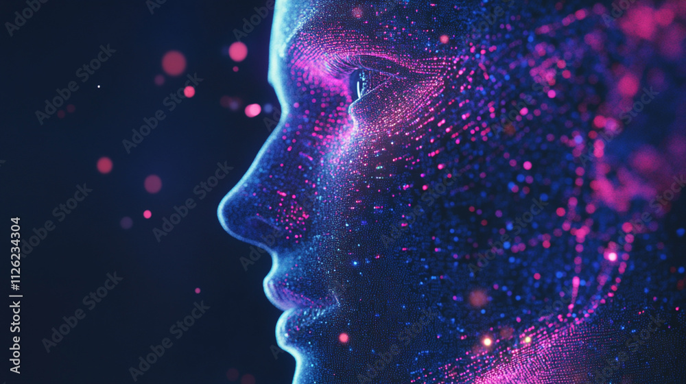 Futuristic Abstract Portrait of a Human Face with Neon Light Particles, Digital Art Visualization Representing Artificial Intelligence Concept Futuristic Abstract Portrait of a Human Face with Neon Light Particles, Digital Art Visualization Representing Artificial Intelligence Concept