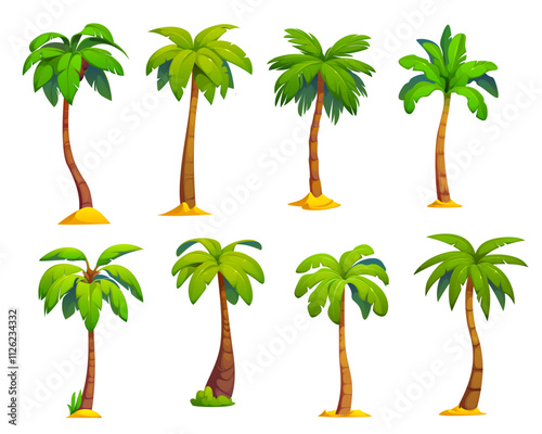 Cartoon jungle coconut and banana palm trees, vector plants of tropical island beach, rainforest and jungle forest. Areca, fan, windmill and bottle palm trees with brown wood trunks and green leaves