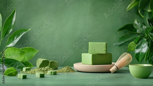 Matcha superfood antioxidant immune boost. Green tea blocks arranged with leaves and a whisk on a wooden plate create a calming atmosphere. photo