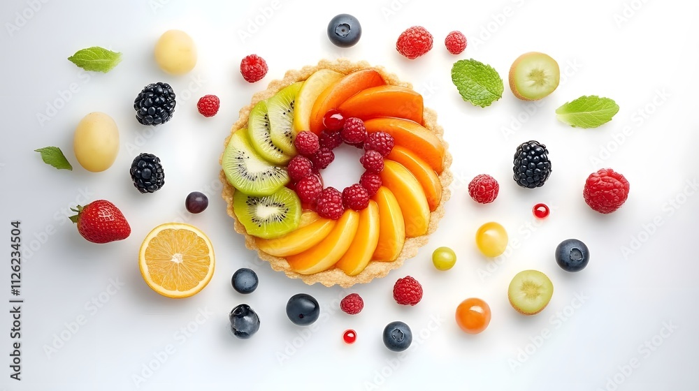 Fruit tart creation with vibrant toppings kitchen food photography bright setup aesthetic arrangement for culinary enthusiasts Fruit tart creation with vibrant toppings kitchen food photography bright setup aesthetic arrangement for culinary enthusiasts