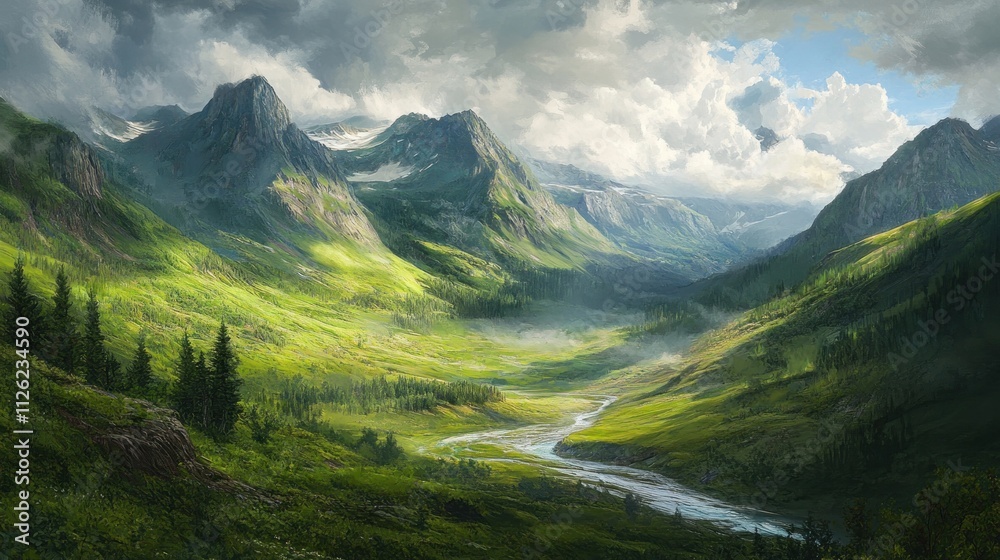 Fototapeta premium Green mountain range with river running through the valley, lush and verdant, midday light 