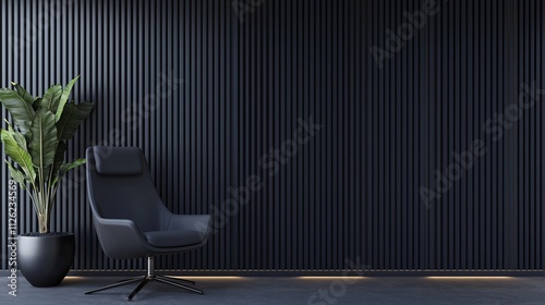 Modern dark room interior with chair and plant.