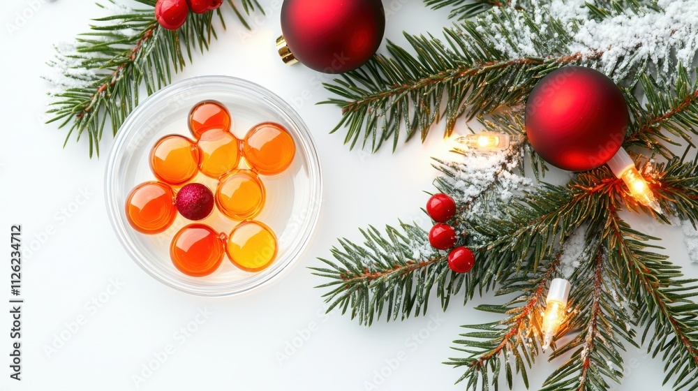 Petri Dish with Festive Decorations: Christmas Baubles, Pine Branches, and Lights Petri Dish with Festive Decorations: Christmas Baubles, Pine Branches, and Lights