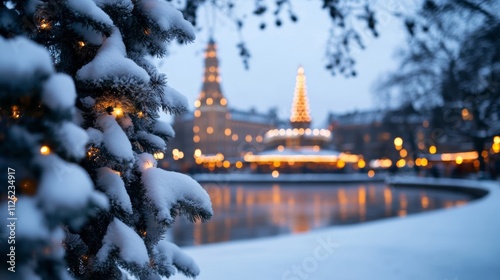 A snowy Christmas day in Copenhagen’s Tivoli Gardens, with twinkling fairy lights, festive decorations, and families enjoying the holiday cheer surrounded by snow 