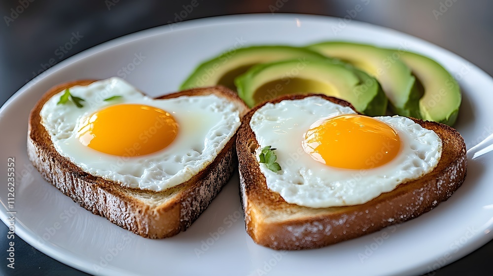 Heart-shaped toast with eggs and avocado cozy kitchen breakfast food photography warm atmosphere close-up view culinary delight Heart-shaped toast with eggs and avocado cozy kitchen breakfast food photography warm atmosphere close-up view culinary delight