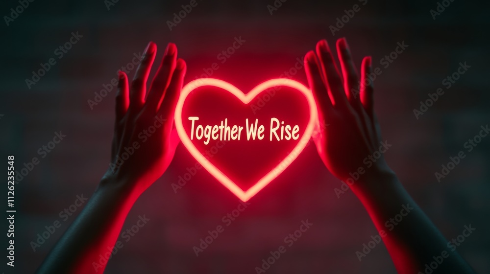 Obraz premium A symbolic Black History Month scene featuring hands of diverse skin tones reaching up, forming a heart around the phrase Together We Rise glowing in bold typography 