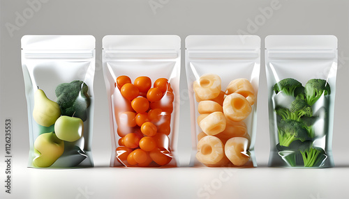 Fresh fruits and vegetables in reusable silicone food pouches, showcasing vibrant colors and healthy options for meal prep and storage. Perfect for eco friendly lifestyles photo