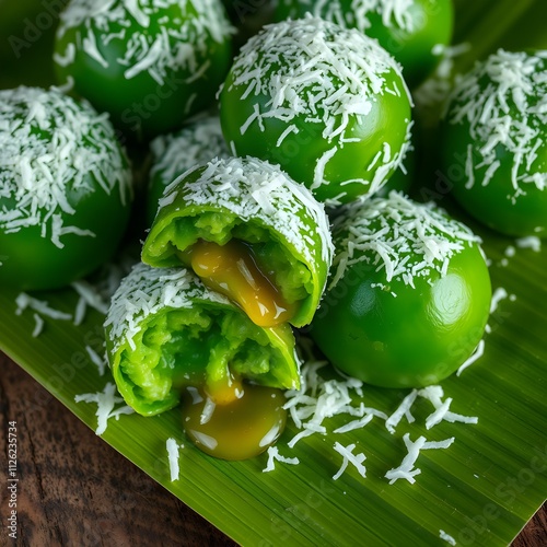 Thai dessert made from sweet condensed milk, coconut and green tea photo