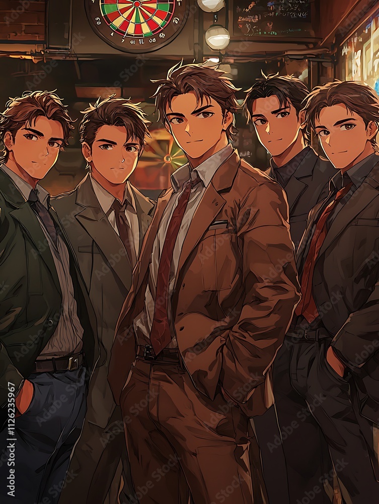 Stylish young men in suits posing together in a bar setting with a dartboard in the background.