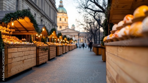 A traditional Easter market in Budapest’s main square, with painted eggs, Hungarian pastries, and blooming trees surrounding wooden booths under soft sunlight  photo