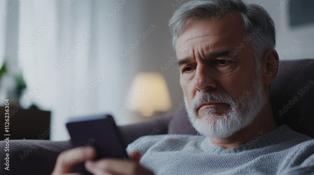 Thoughtful older man sitting on a couch at home, gazing at a smartphone with a serious expression in a cozy living room setting with soft lighting Thoughtful older man sitting on a couch at home, gazing at a smartphone with a serious expression in a cozy living room setting with soft lighting