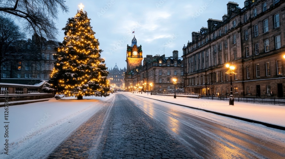 Fototapeta premium A tranquil Christmas moment in Edinburgh, with the castle lit up on the hill, festive decorations along the Royal Mile, and snow-covered cobblestone streets below