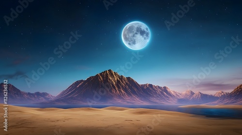 Breathtaking desert landscape under a glowing moon remote location digital art tranquil environment wide-angle view serene concept for nature lovers photo