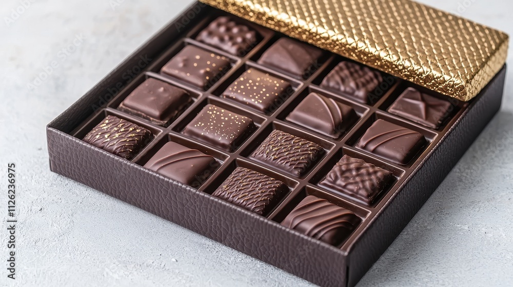 Obraz premium A beautifully arranged box of assorted chocolates, featuring various textured pieces in a stylish container with a gold lid.