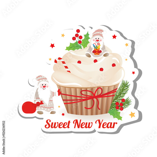 New year delicious cupcake with whipped cream and cute cnomes. Vector greeting sticker in cartoon style