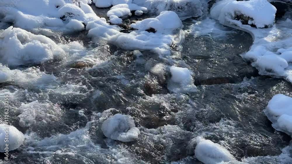 A river in a mountainous area in winter. A stormy stream. A river in a mountainous area in winter. A stormy stream.