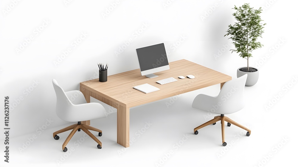 Office layout featuring ergonomic furniture, modern technology, 3D isometric view on white background Office layout featuring ergonomic furniture, modern technology, 3D isometric view on white background