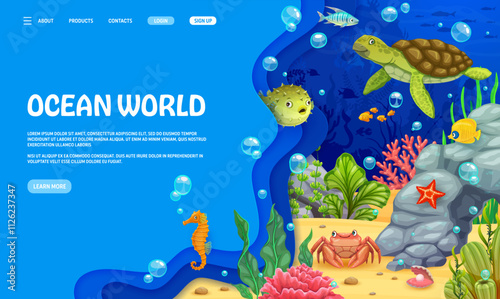 Landing page with underwater landscape, sea animals and paper cut waves. 3d vector web banner with cartoon underwater tropical world, complete with colorful marine life turtle, seaweeds and fish