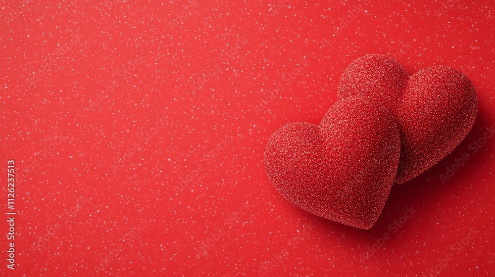 Obraz premium A vibrant Valentine’s Day background showcasing two intertwined glowing hearts over a soft, sparkling red gradient with golden glitter accents 