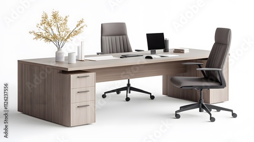 Ergonomic office setup with sleek furniture and interactive technology, 3D isometric render, white background