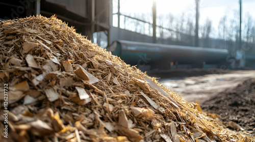 A close-up of a pile of wood chips in an industrial setting, with machinery and trees in the background, indicating a focus on wood processing or biomass energy production. photo