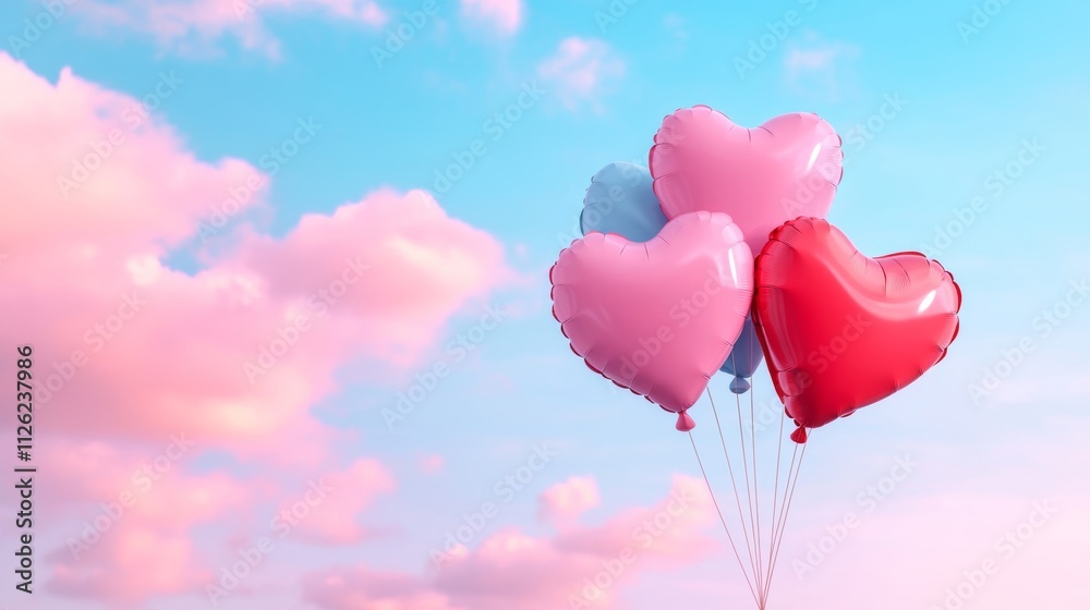 A whimsical Valentine’s Day background with pastel-colored heart balloons floating in a dreamy sky, surrounded by fluffy clouds and glowing sunlight A whimsical Valentine’s Day background with pastel-colored heart balloons floating in a dreamy sky, surrounded by fluffy clouds and glowing sunlight