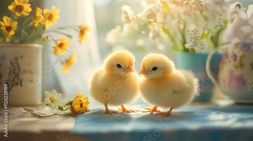 Two Adorable Baby Chicks with Yellow Flowers