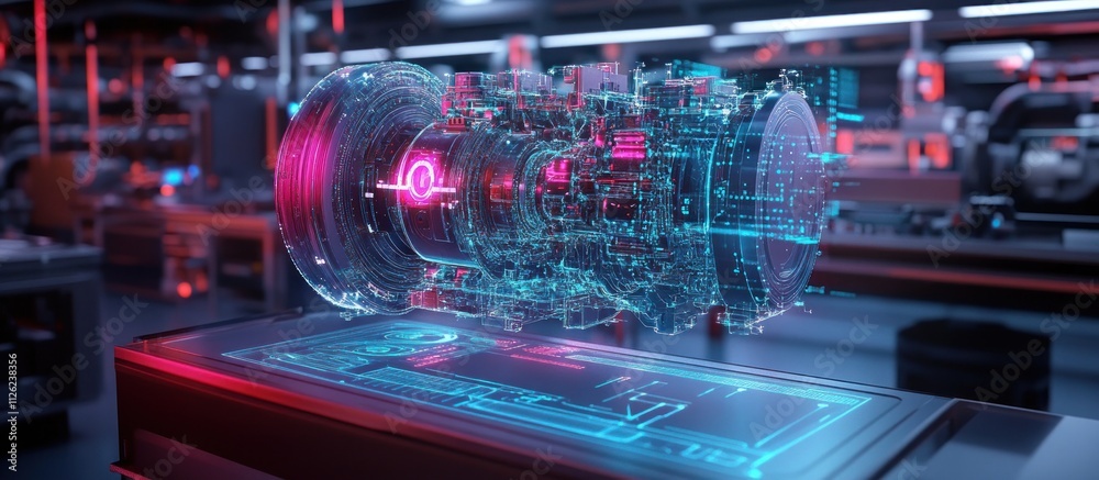 Futuristic 3D holographic engine model displayed on a digital table in a modern laboratory.