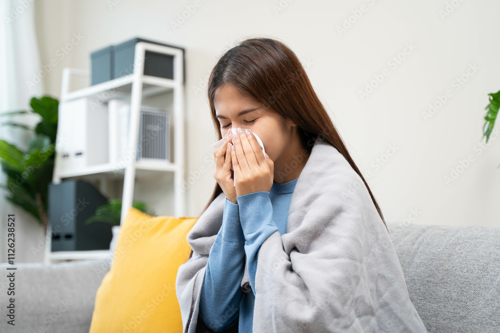flu in winter season concept, Asian young woman checking her body temperature feeling exhausted from fever at home flu in winter season concept, Asian young woman checking her body temperature feeling exhausted from fever at home