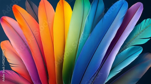 A colorful feather arrangement with a blue background