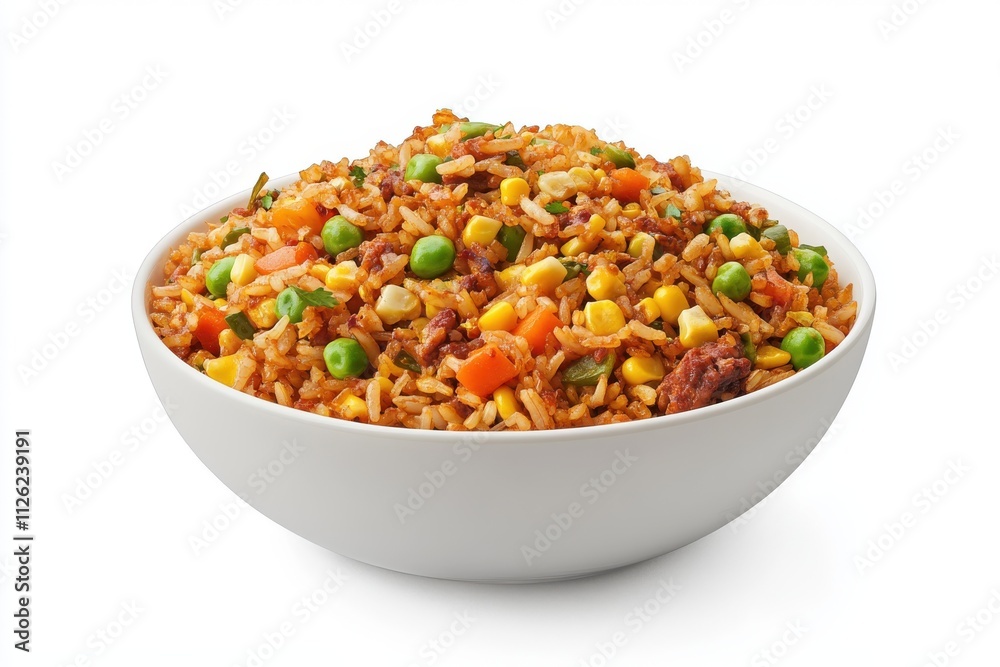 A bowl of vegetable fried rice featuring vibrant colorful vegetables including peas A bowl of vegetable fried rice featuring vibrant colorful vegetables including peas