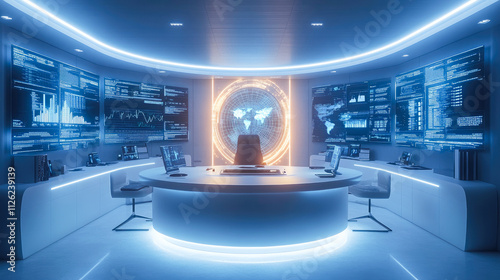 A high-tech circular command center with multiple digital screens showcasing world maps and data analytics.