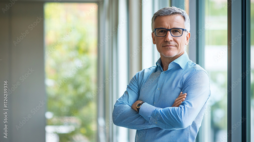 Confident businessman in a modern office setting with arms crossed and a professional expression, showcasing leadership and determination. Confident businessman in a modern office setting with arms crossed and a professional expression, showcasing leadership and determination.