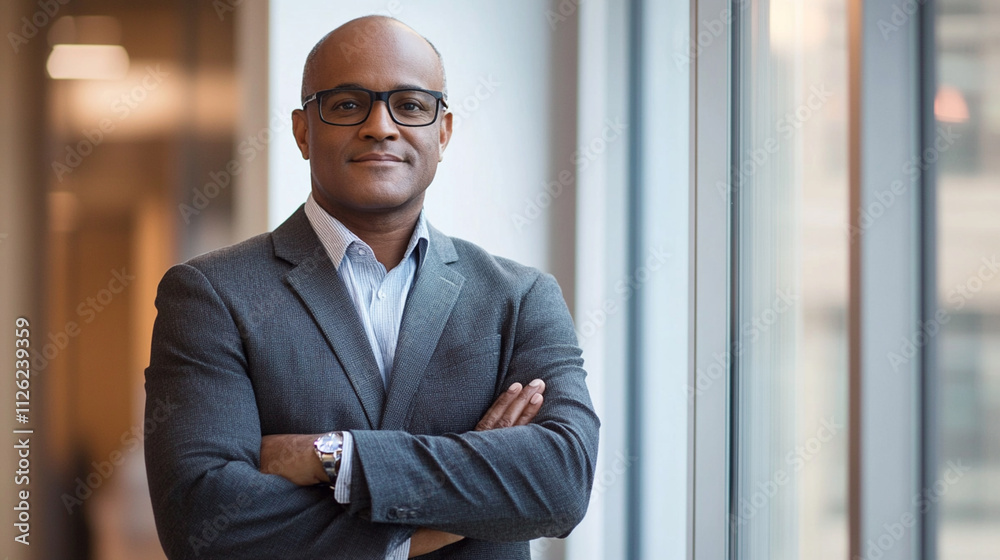 Confident business professional wearing glasses standing by a window in a modern office setting, showcasing professionalism and success in the workplace Confident business professional wearing glasses standing by a window in a modern office setting, showcasing professionalism and success in the workplace