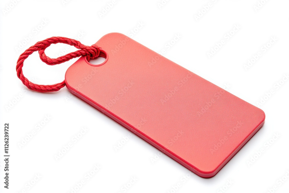Fototapeta premium A bright red rectangular price tag with a hole at the top and a red string looped