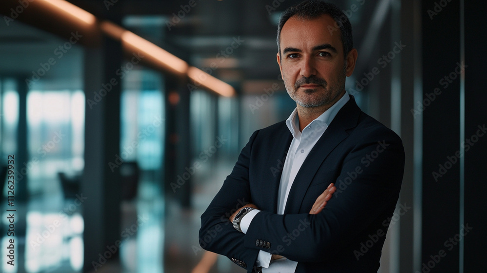 Confident business professional in modern office environment with arms crossed, showcasing leadership and determination in a stylish corporate setting Confident business professional in modern office environment with arms crossed, showcasing leadership and determination in a stylish corporate setting