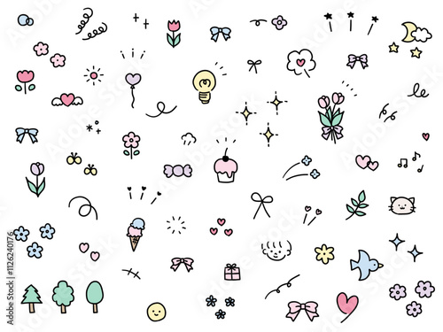 手書きの飾りイラストのベクターイラストセット。手描き、集中線、注目、星、ハート、リボン
