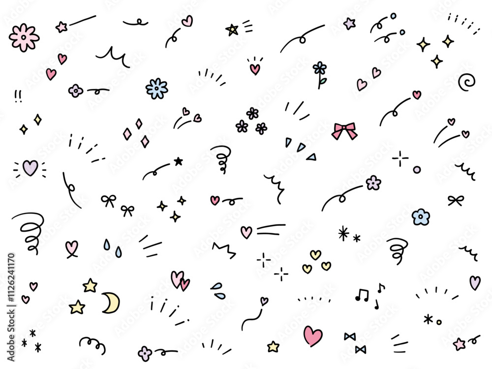 Obraz premium 手書きの飾りイラストのベクターイラストセット。手描き、集中線、注目、星、ハート、花