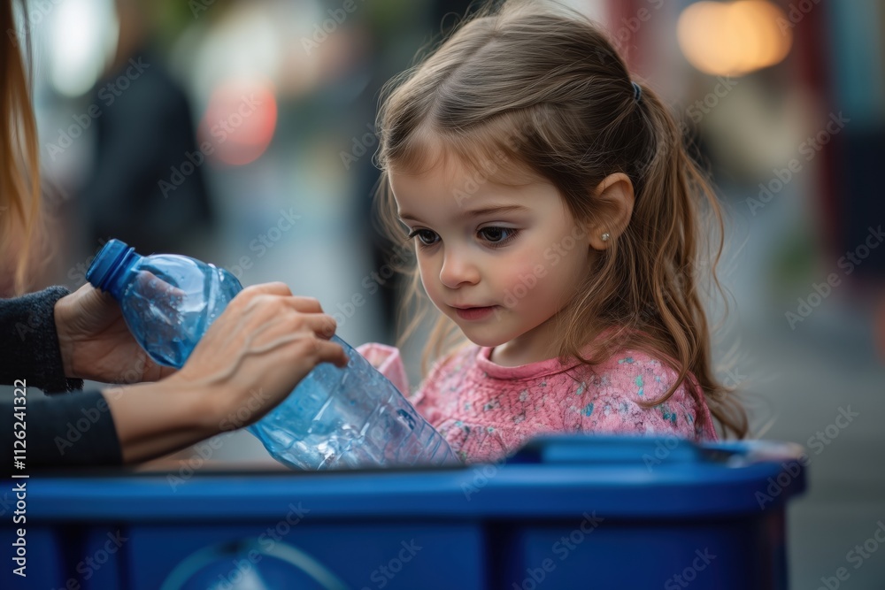 A young girl placing a used water bottle into a recycling bin with a focused expression. A young girl placing a used water bottle into a recycling bin with a focused expression.
