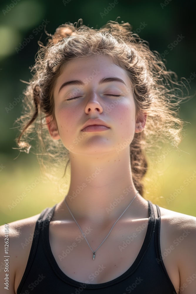 A young woman with closed eyes, meditating in a serene outdoor setting. A young woman with closed eyes, meditating in a serene outdoor setting.