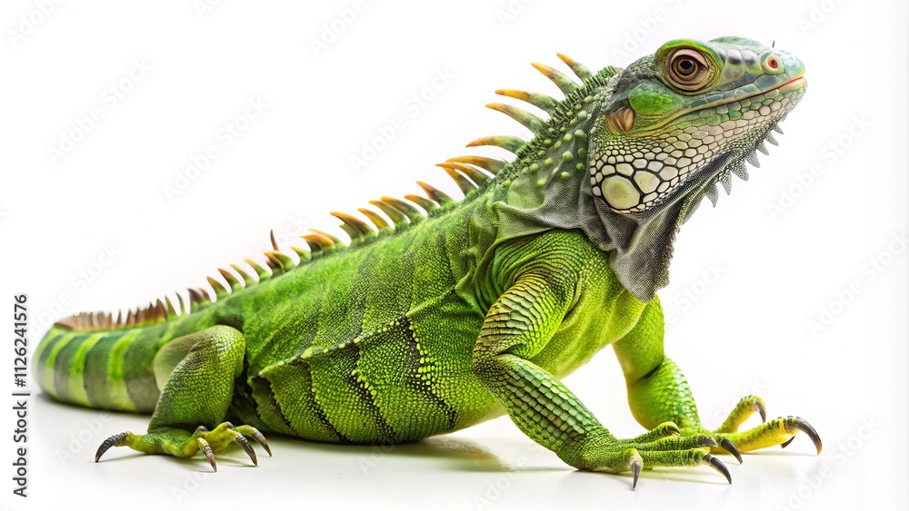 Obraz premium Green Iguana Full Body, White Background, Reptile, Lizard, Sawtooth Crest, Closeup, Animal Photography, Wildlife, Exotic Pet