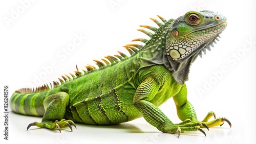 Green Iguana Full Body, White Background, Reptile, Lizard, Sawtooth Crest, Closeup, Animal Photography, Wildlife, Exotic Pet