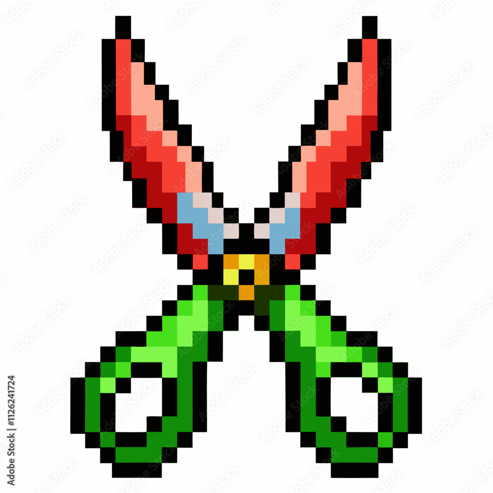 Pixel Art Scissors Icon with Green Handles and Red Blades Retro Video Game Tools Graphic Pixel Art Scissors Icon with Green Handles and Red Blades Retro Video Game Tools Graphic