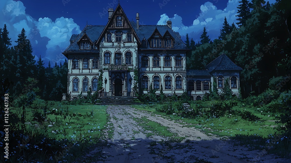 Enigmatic Mansion at Night A Digital Painting of a Mysterious House Nestled in a Dark Forest. Enigmatic Mansion at Night A Digital Painting of a Mysterious House Nestled in a Dark Forest.