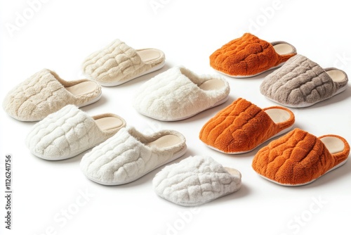 A collection of soft indoor slippers in various neutral tones including cream photo