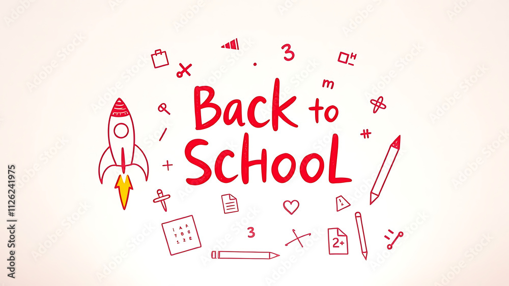 cheerful hand-drawn illustrations with a mix of educational and creative elements such as rockets, books, pencils, and Back To School math and writing symbols cheerful hand-drawn illustrations with a mix of educational and creative elements such as rockets, books, pencils, and Back To School math and writing symbols